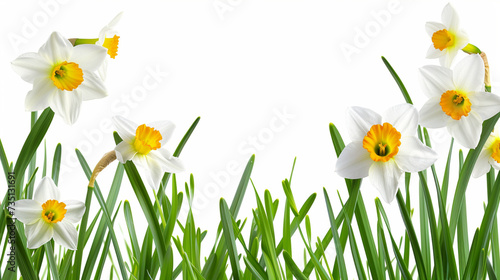 Easter Atmosphere: Narcissus Flowers and Grass Filigree, Clipart Forming a Harmonious Frame on a White Background, Ideal for Easter Projects with Plenty of Space for Creative Text.