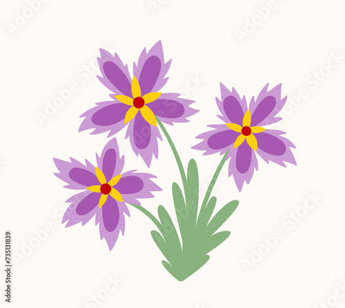 Bouquet with spring flower concept. Violet flowers with leaves. Wild life and flora. Botany and floristry. Pattern and ornament. Cartoon flat vector illustration isolated on white background