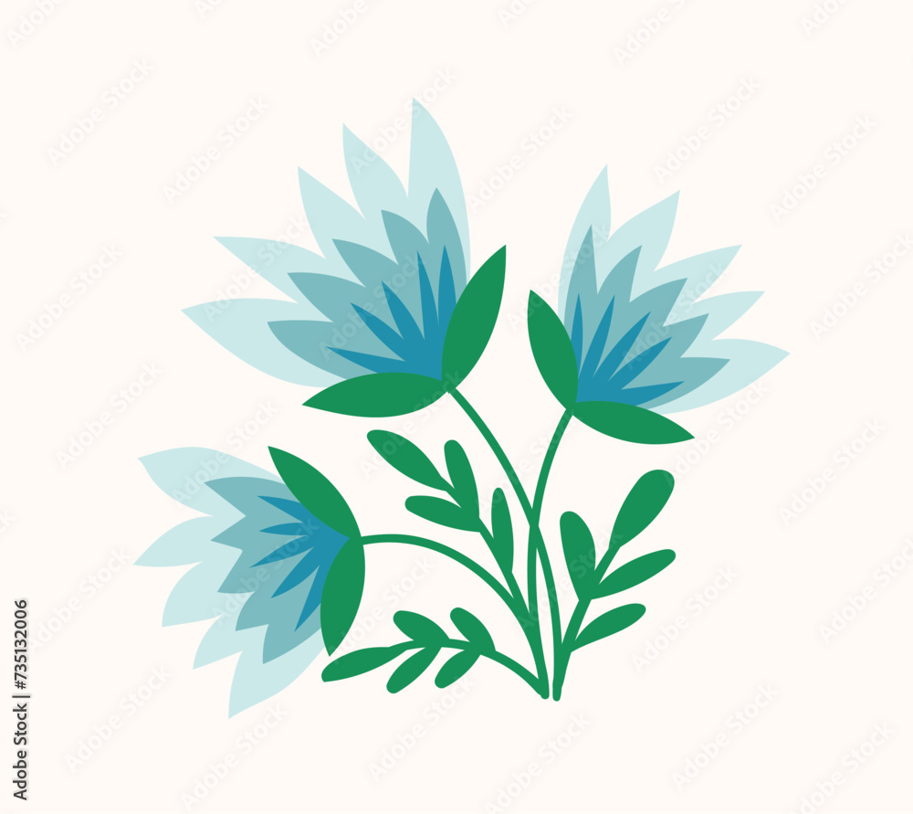 Bouquet with spring flower concept. Blue flowers with leaves. Wild life and flora. Botany and floristry. Template and layout. Cartoon flat vector illustration isolated on white background Bouquet with spring flower concept. Blue flowers with leaves. Wild life and flora. Botany and floristry. Template and layout. Cartoon flat vector illustration isolated on white background