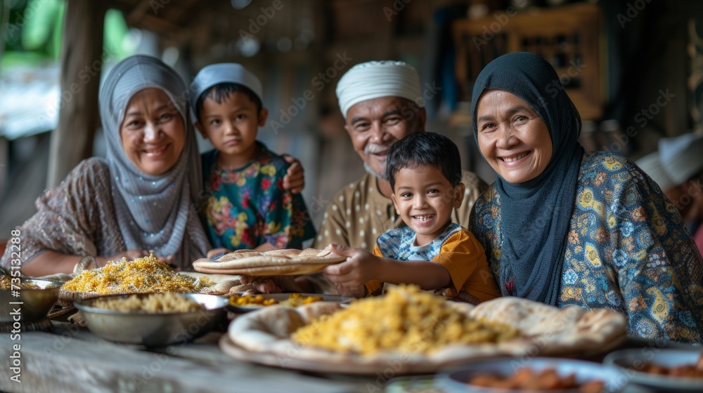 Asian muslim family having a meal at the table in the countryside of Indonesia