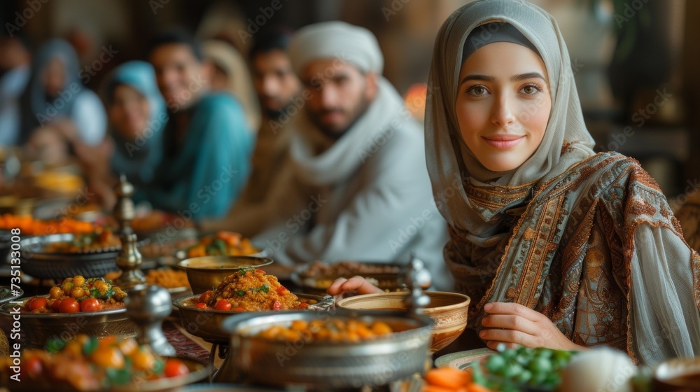 Muslim family eating at the table. Traditional islamic food. Muslim family eating at the table. Traditional islamic food.