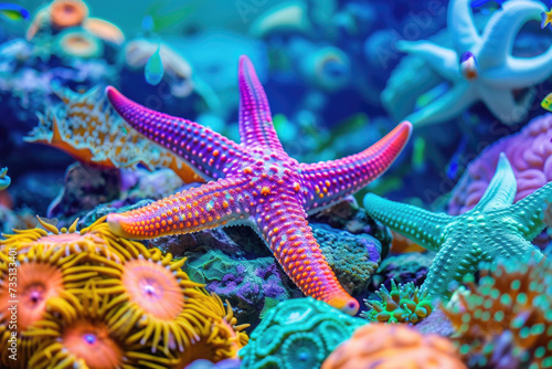 Colorful sea stars resting on a vibrant coral reef © Veniamin Kraskov