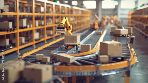 High-Tech Robotic Arms in Automated Warehouse Facility - The future of inventory management and distribution.