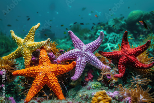 Colorful sea stars resting on a vibrant coral reef