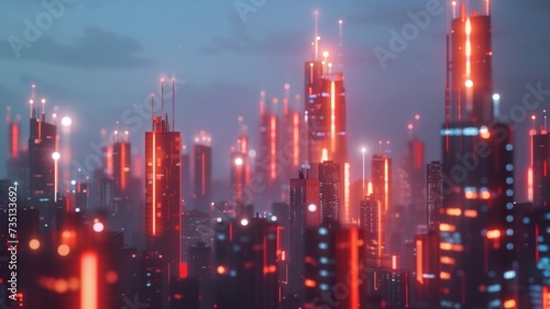 Futuristic City Lights at Twilight - A vibrant cityscape glowing with dynamic hues and illuminated skyscrapers. © Mickey