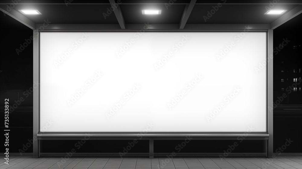 Empty white modern street billboard mockup. Bus stop in a city at night, with a mockup visible in the background. Empty white modern street billboard mockup. Bus stop in a city at night, with a mockup visible in the background.