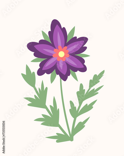 Bouquet with spring flower concept. Violet flowers with leaves. Wild life and flora. Spring season element. Poster or banner. Cartoon flat vector illustration isolated on white background