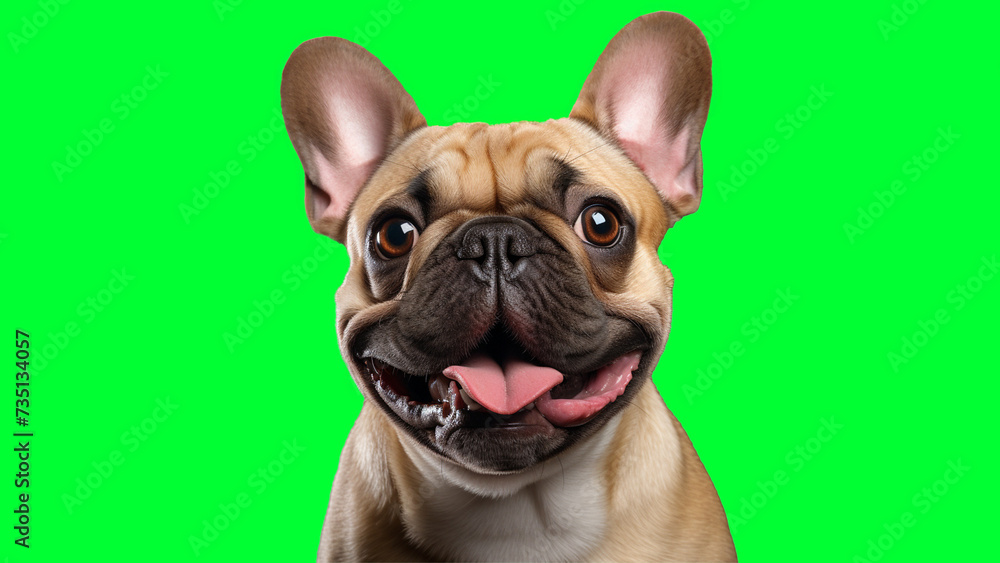 Portrait photo of smiling French Bulldog on green background