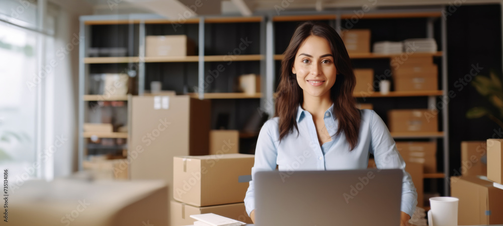 Business owner Start up of enterprise small using laptop at workplace small business entrepreneur SME or freelance working with a box at home deliver to customers, Online selling or e-commerce Business owner Start up of enterprise small using laptop at workplace small business entrepreneur SME or freelance working with a box at home deliver to customers, Online selling or e-commerce