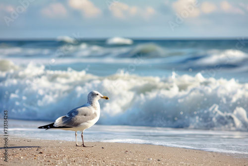 A seagull standing gracefully on the sandy beach  with the ocean waves crashing in the background