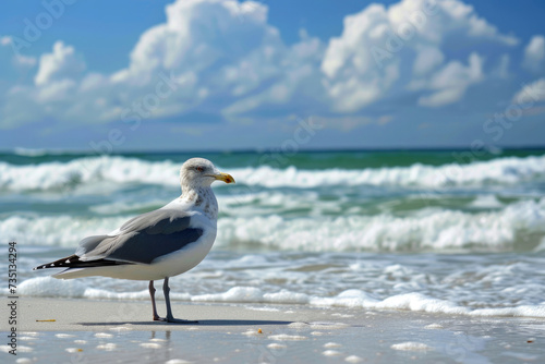 A seagull standing gracefully on the sandy beach, with the ocean waves crashing in the background
