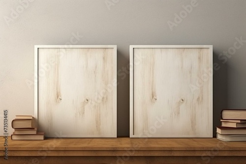 Two blank books on wooden cupboard, 3D rendering, for your mock-up design. Generative AI
