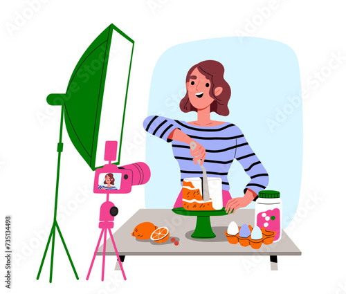 Food blogger shooting video concept. Online master class and recipe. Young girl prepare cake at kitchen. Template and layout. Cartoon flat vector illustration isolated on white background