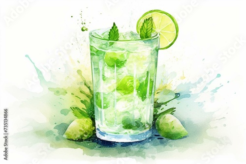 Watercolor image of a refreshing cocktail with mint and lime in a round glass, with dynamic splashes. Generative AI