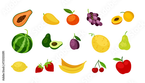 Different food icons set. Juicy fruits. Watermelon  banana  cherry and pear. Healthy and fresh eating. Template and layout. Cartoon flat vector collection isolated on white background