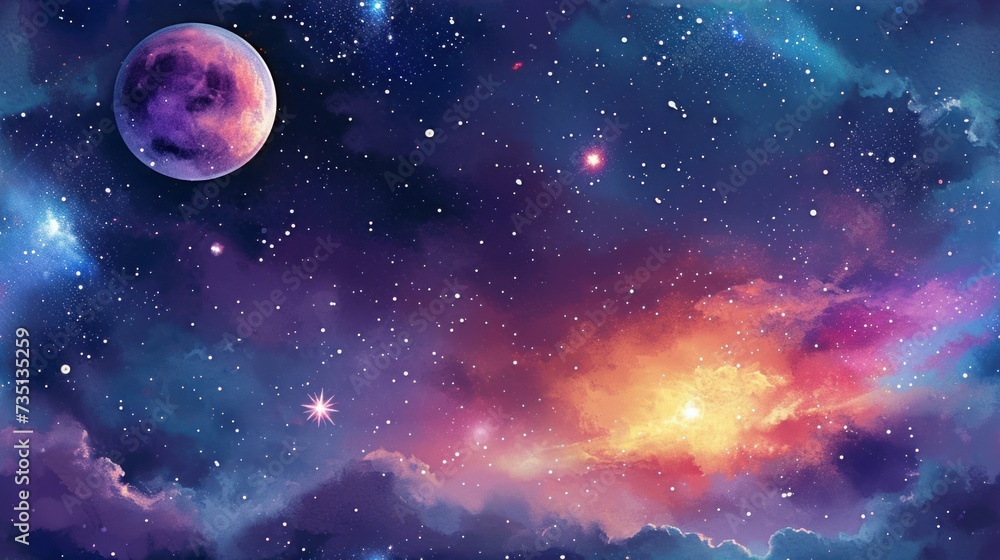 Obraz premium Mystical galaxy scene with vibrant clouds and shining stars.