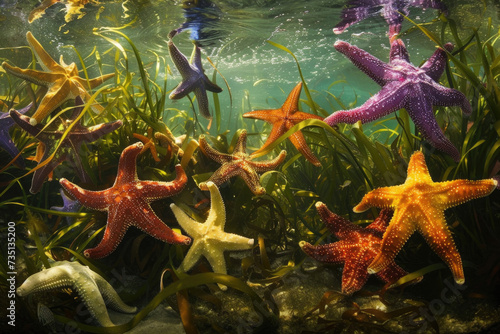 Elegant underwater scene featuring a variety of sea stars against a backdrop of swaying sea plants