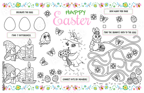 Festive placemat for children. Printable  activity sheet "Happy Easter" with a labyrinth, connect the dots and find the same. 17x11 inch printable vector file