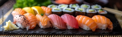 A vibrant display of assorted sushi with salmon, roe, and lemon on a black slate board.