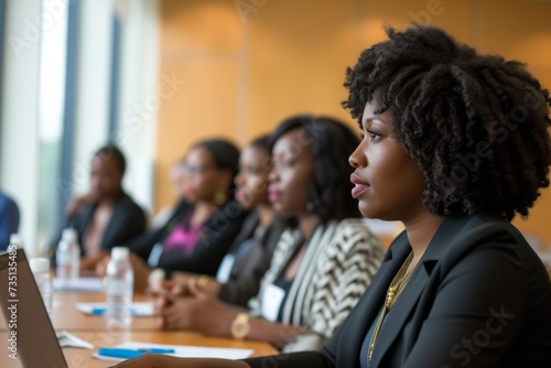 Focused African American businesswoman listens intently at corporate roundtable discussion. Professional woman in business attire participates in thoughtful strategic meeting