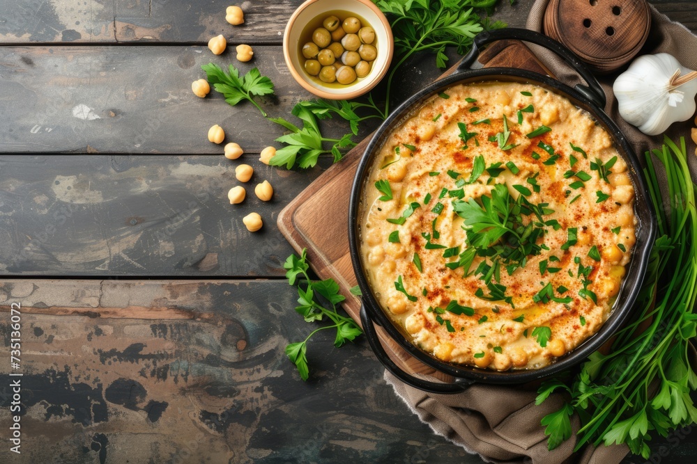 Hummus dip with chickpea, parsley, olive oil, pita chips Hummus dip with chickpea, parsley, olive oil, pita chips