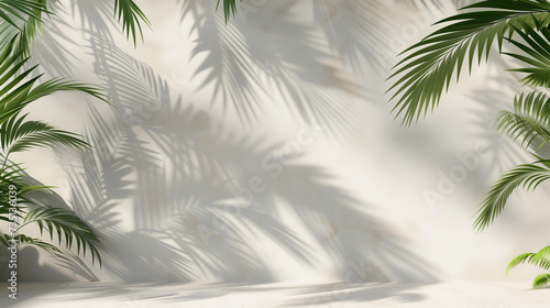 Shadow of palm leaves on white concrete light beige wall © chali