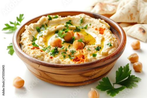 Hummus dip with chickpea, parsley, olive oil, pita chips