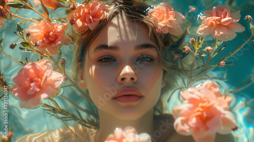 Close up of beautiful blonde young woman in the water surrounded with flowers. cacophony of floral blooms in bright sunlight and contrasting shadows on surface.