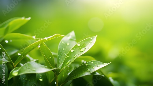 Fresh green leaves against blurred greenery natural background. Young plant with raindrops for ecology and nature concept. 