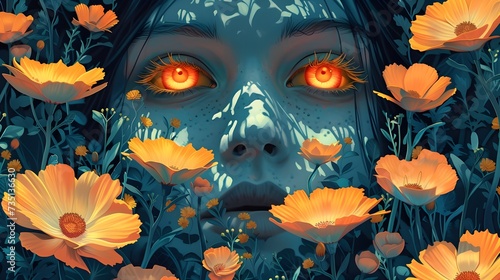 Woman with Red Eyes Surrounded by Flowers