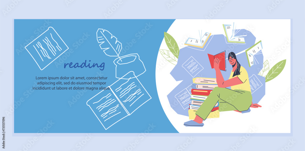 Flyer design for book store or fair. Vector banner template designed to promote book fair, literature event and attract book lovers, flat illustration.