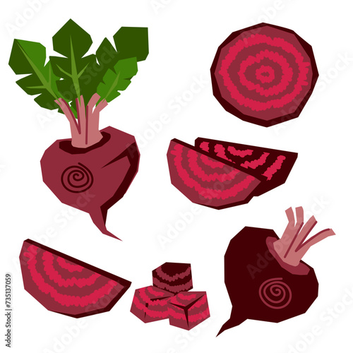 Beets nutritious root vegetable design elements set, flat vector illustration isolated on white background. Beetroot various designs for food packaging and textile.