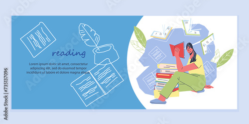 Flyer design for book store or fair. Vector banner template designed to promote book fair, literature event and attract book lovers, flat illustration.