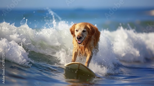 Golden Retriever surfa su un'onda alla luce del pomeriggio, con un sorriso mentre si diverte tra le onde