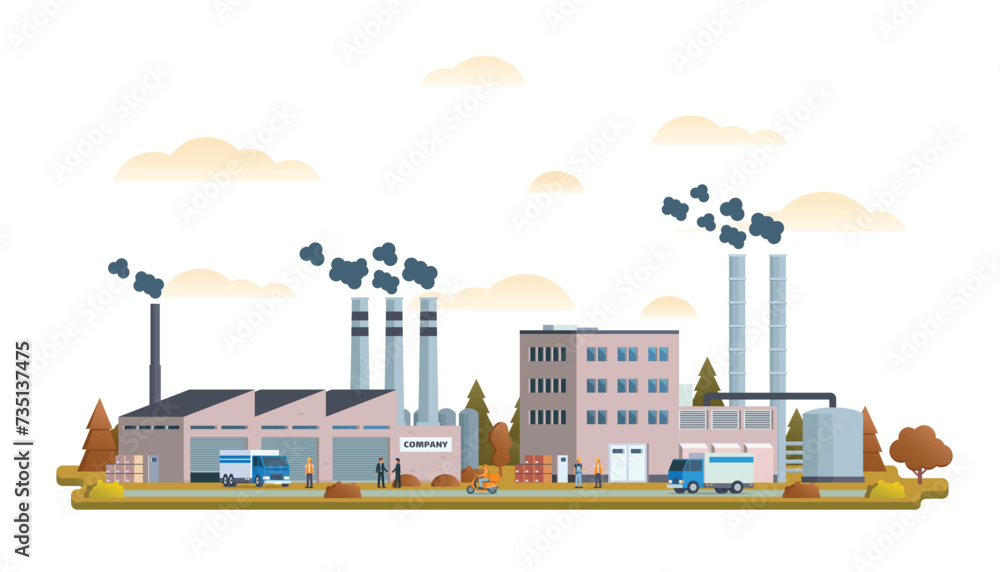 Factory or industrial site buildings vector illustration. Flat design illustration front view concept for city illustration