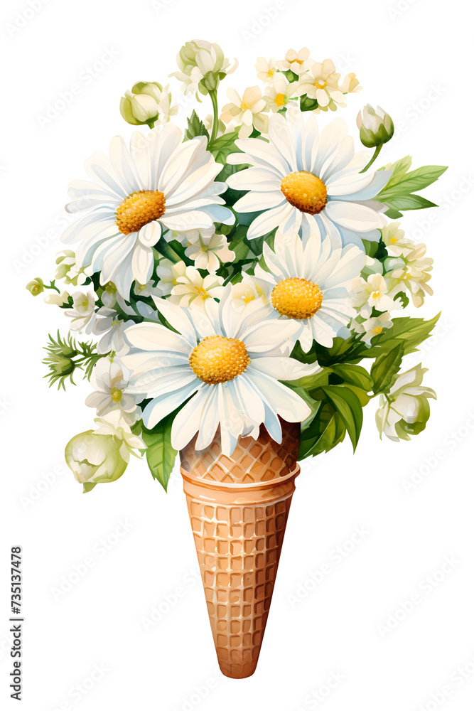 Bouquet of white daisies in a waffle cone. Floral arrangement in an ice-cream cone. Watercolor botanical illustration.