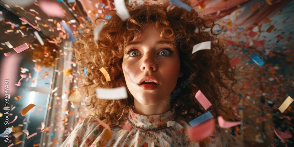 A woman with red curly hair and blue eyes is surrounded by confetti. Perfect for celebrating special occasions and adding a touch of joy to any project