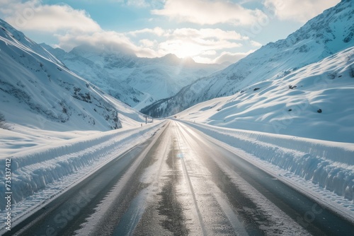 A snowy road in the middle of a mountain range. Perfect for winter landscapes and travel destinations