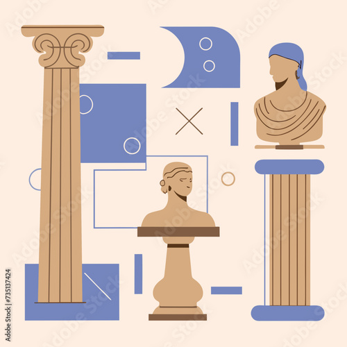 Exhibition, classics and antiquity. Vector illustrations of abstract shapes, ancient greek column, ancient ruins, goddess sculpture and bust for bac