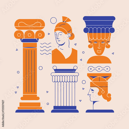 Exhibition, classics and antiquity. Vector illustrations of abstract shapes, ancient greek column, ancient ruins, goddess sculpture and bust for bac