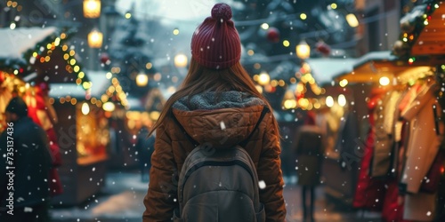 A woman with a backpack is walking down a snowy street. This image can be used to depict winter travel, outdoor adventures, or urban exploration in cold weather