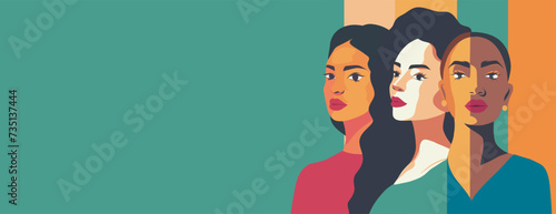 Vector banner place for text, women of different cultures and nationalities stand together on a green background. Vector concept of movement for gender equality and women's empowerment