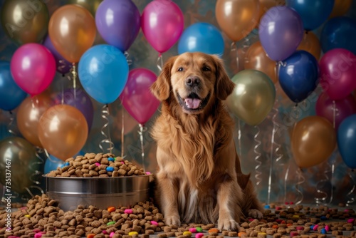 Golden Retriever di linea americana festeggia il suo compleanno, circondato da palloncini colorati e da una grande quantità di crocchette per cani photo