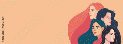 Vector horizontal banner place for text Happy Women's Day women with beautiful hair. Concept of the movement for gender equality and women's empowerment