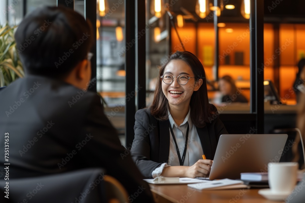 Happy Asian business women meeting in office or cafe Happy Asian business women meeting in office or cafe