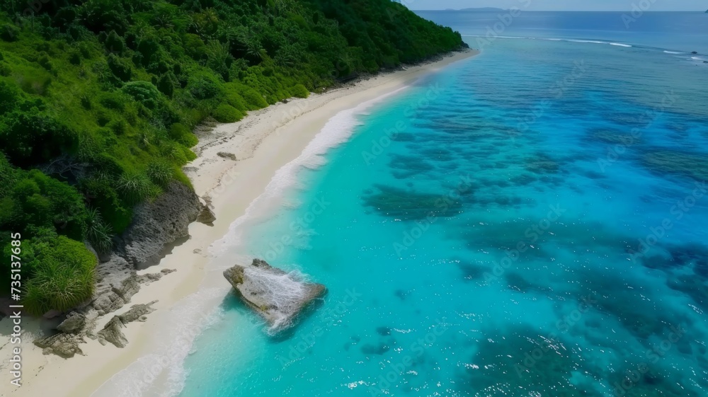 Tropical Beach Paradise Aerial Shot - A sun-kissed tropical beach with crystal-clear waters edged by a lush forest coastline