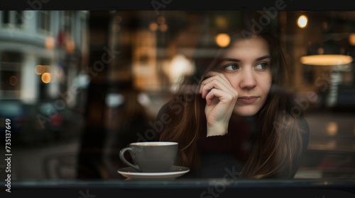 Cozy Cafe Moment  Woman Daydreaming with Coffee AI Generated.