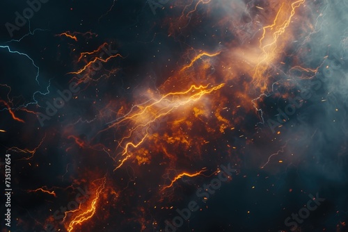 A close-up view of a fiery flame with lightning striking in the background. Suitable for various uses