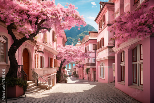 The pathway of the old city are full of cherry blossom trees. Along the way are green bushes. Abashing Ninjutsu Temple founded in 811 situated on up hill and slightly distanced from Generative Ai