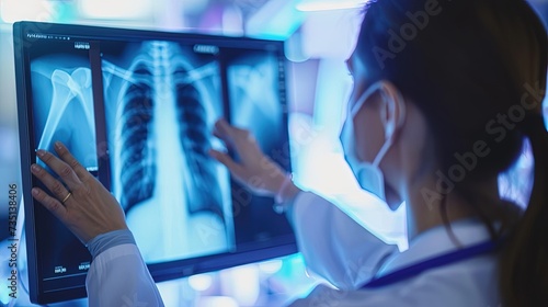 Doctor analyzing xray for healthcare diagnosis. Closeup of woman radiologist checking spine, lung and chest scan. Dedicated to healthcare: Doctor screens lung scan for diagnosis.